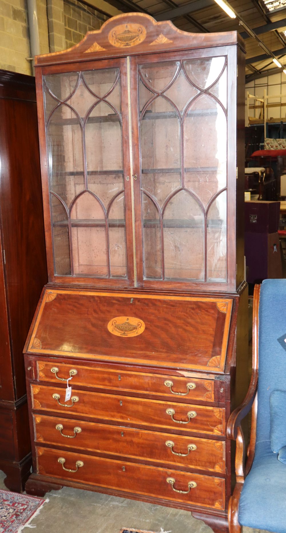 A George III and later inlaid mahogany bureau bookcase, W.100, D.50cm, H.222cm
